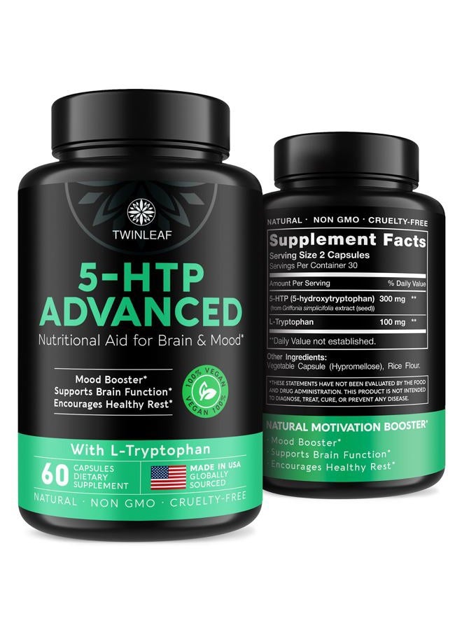 TWINLEAF 5 HTP Supplement for Mood Support - Made in USA - Natural Manganese & L-tryptophan Capsules - 5-HTP Booster for Men & Women - Proprietary Formula for Mood and Relaxation - 60 Vegan Capsules - Image 1